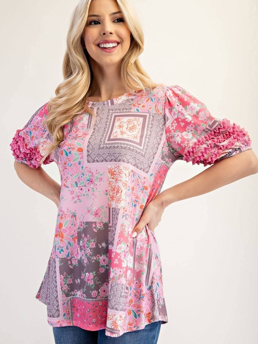Celeste Pink Patchwork Floral Puff-Sleeve Tunic